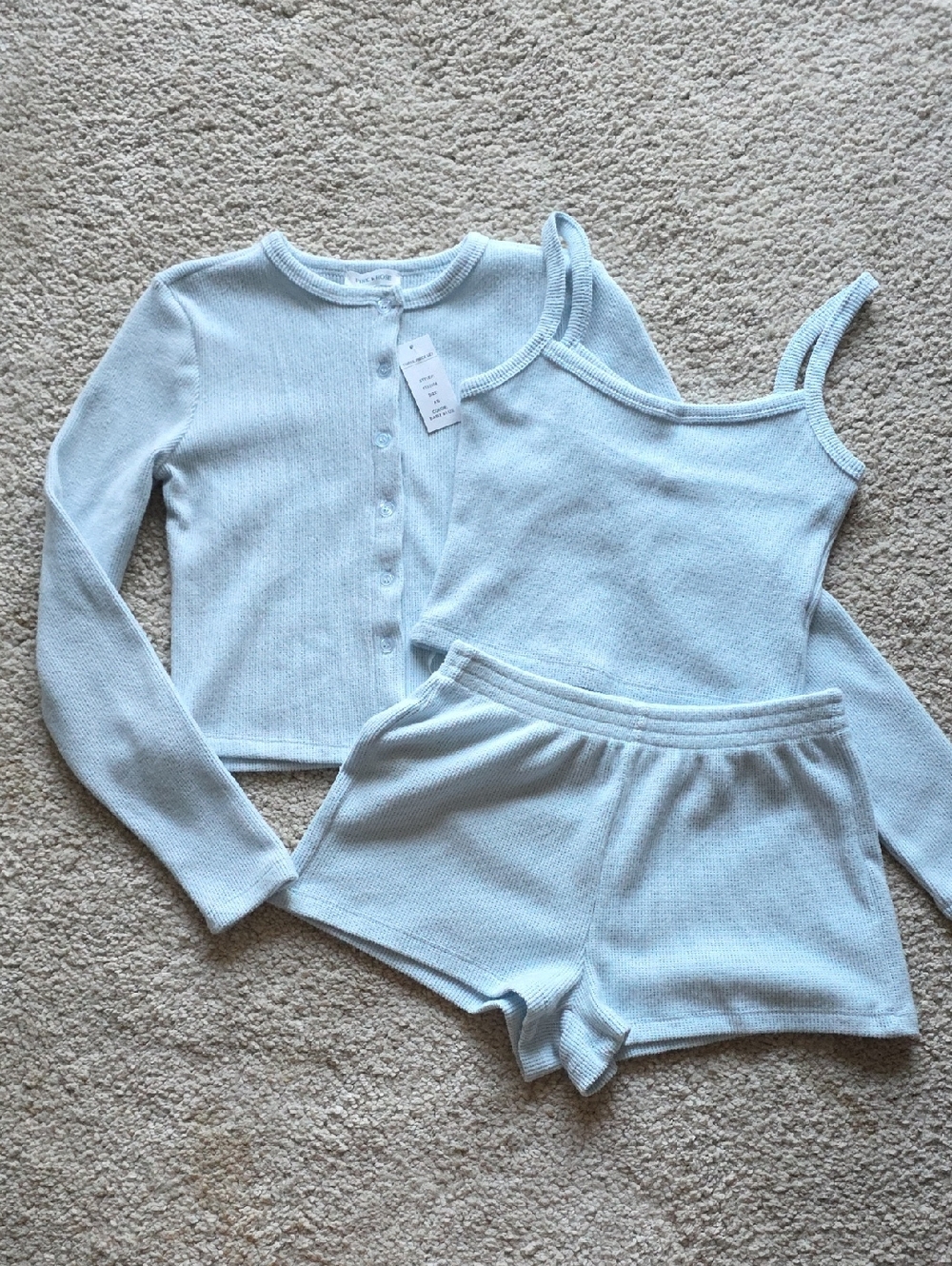 NWT Light Blue Ribbed 3-Piece Set — Tank, Button Cardigan & Shorts